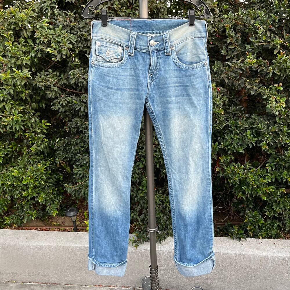 True Religion Straight Flap Roll Blue Jeans Denim Womens 28 - Picture 2 of 8